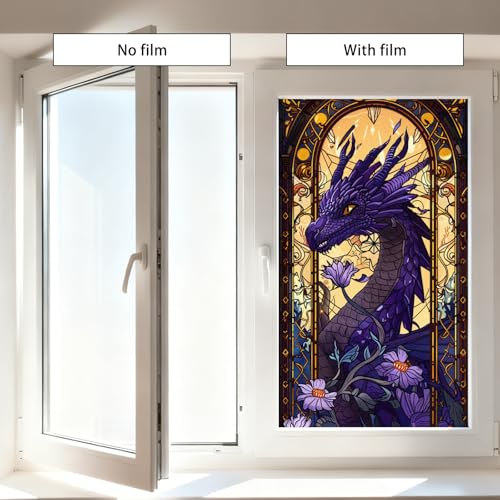 Image of Nuxovilar Stained Glass Window Film Dragon Floral Pattern PVC 17.7 x 39.4 Inches Window Clings for Glass Panel Privacy Decor for Game Room Study Entry Door