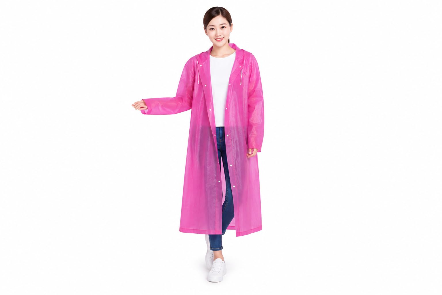 Women's Pink Hooded Raincoat, Long Waterproof Rain Jacket-picture-29