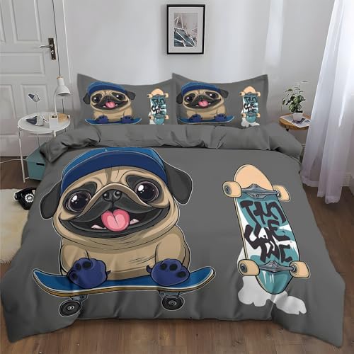 Juego de Funda Nórdica Cama 150 Perro Patineta De Dibujos Animados 220x240 cm Juego de 3 Piezas Ropa de Cama, Funda Edredon Suave Antialérgica Poliéster Algodón y Fundas de Almohada