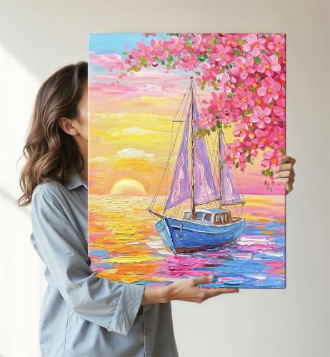Image of ArtX Boat Canvas Painting for Vastu, Colorful Landscape Wall Art, Cherry Blossom Nature Canvas Painting, Gallery Wrapped Canvas for Living Room, Bedroom, Office Decor, 45 x 58 cm