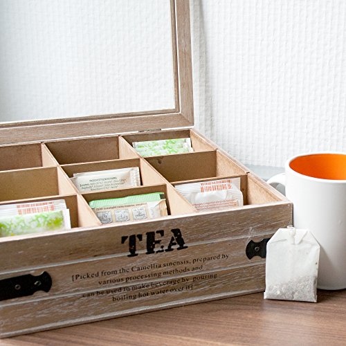 ToCi – Caja de té grandes, 24 x 24 x 8,5 cm (l x an x al), con 9 compartimentos para bolsas de té, caja de madera con tapa, diseño retro - Imagen 4