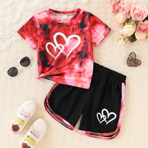 Image of Kids Girl Clothes Tie Dye Heart Print Short Sleeve Top and Shorts Toddler Girl Summer Outfits Short Set