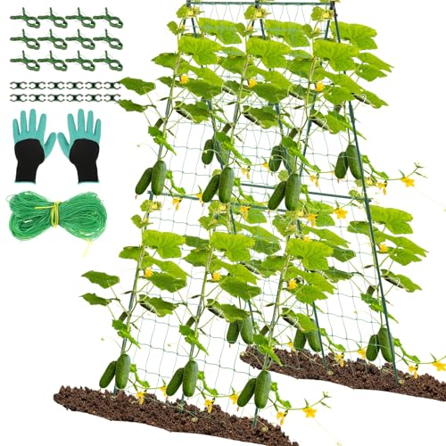 Cucumber Trellis for Raised Beds 80x160cm Adjustable Size A Frame Garden Trellis with Climbing Net Detachable Garden Plant Supplies for Climbing Plant, Tomato, Squash, Vegetable