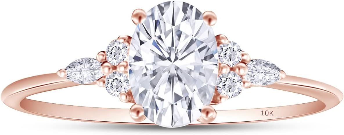 SAVEARTH DIAMONDS 1 3/5 CT Center 8X6MM Oval, Marquise & Round Cut Lab Created Moissanite Diamond Solitaire Engagement Ring For Women In 10K Or 14K Solid Gold (VVS1 Clarity, 1.60 Cttw)