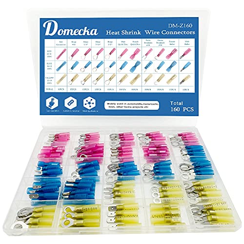 Domecka 160Pcs Heat Shrink Wire Connectors Butt Connectors Spade Ring Hook Bullet Fork Terminals Connectors Kit, Use Automotive Marine Truck Boat Motorcycle Electrical Maintenance #TOP7