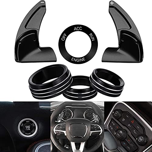 IAMKHO 6pcs Black Aluminum Accessories Shift Paddles Knob Cover Extension Air Conditioning A C Volume Button Knob Rings Decor Start Stop Push Button Cover Trim for Dodge Challenger Charger 2015-2021