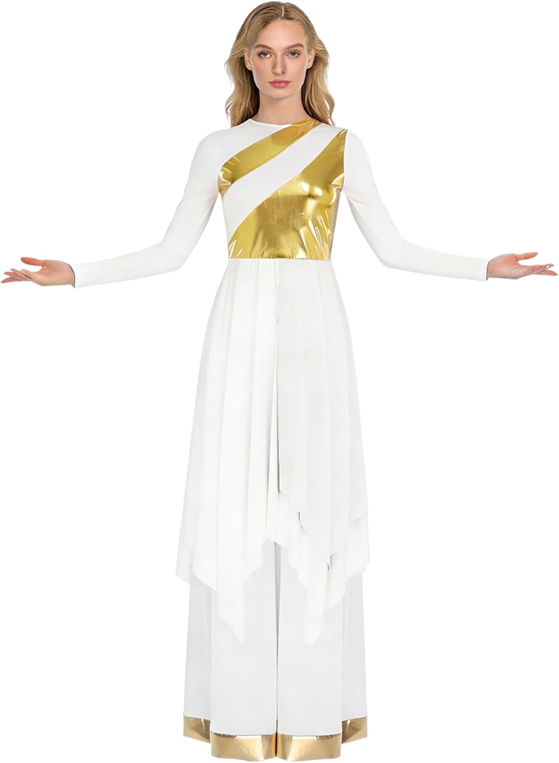 Shinsto Women Praise Dance Costumes Long Sleeve Overlays Top Dress with Wide Leg Pants Liturgical Dancewear