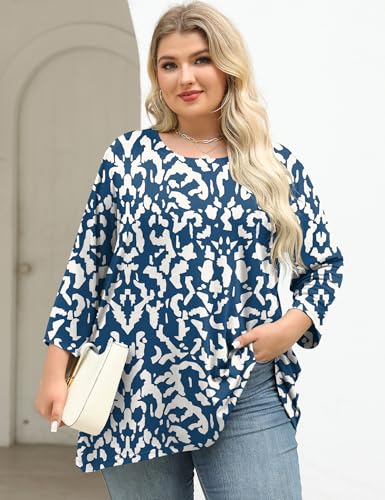 LOMON Womens Plus Size Tops 3/4 Length Sleeve Blouses Crew Neck Business Casual Tunic Tops with Asymmetrical Hem 1X-5X2