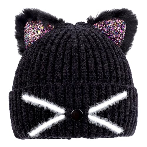 Kids Girls Glitter Cat Ears Hat Winter Warm Knit Beanie Cute Ski Skull Cap for Toddler Ages 3-8
