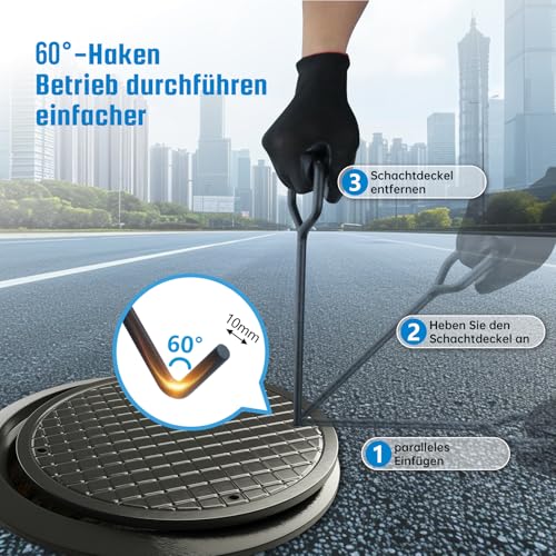 BQHRJG 2 Stück Kanaldeckelheber 30cm, Schachthaken aus schwarzem Kohlenstoffstahl, Gullideckel haken für Kanal- und Abflusshaken, Schachtdeckelheber wird mit einem Paar Handschuhen geliefert