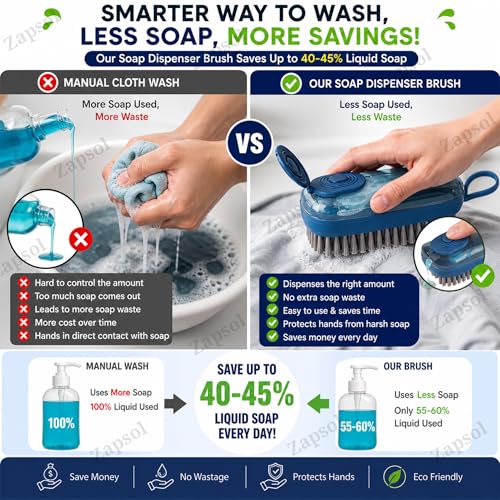Image of Zapsol Cloth Washing Brush with Built-in Liquid Dispenser | Multipurpose Laundry Brush with Soft Bristles for Clothes, Shoes, Utensils & Tile Cleaning | Durable Plastic Scrub Brush (Pack of 1)