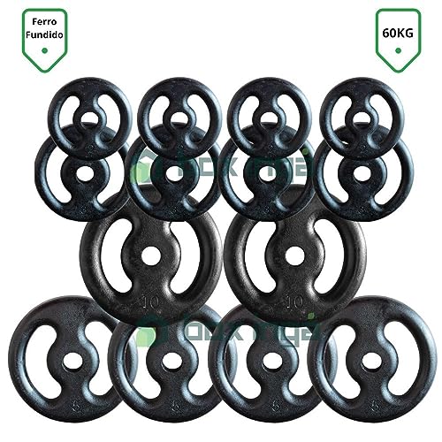 Kit Anilhas Ferro Fundido 60 Kg + Barras com Presilhas