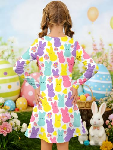 Image of Ithalt Girls Easter Dress Bunny Print Shirts Easter Long Sleeve Dresses Litter Girls Christian Easter Gifts 5-12y