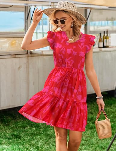 Image of HOTOUCH Women Printed Dress for Summer Short Ruffle Sleeve Dress Tiered Mini Dress with Pockets