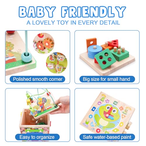 Wooden Activity Cube | Montessori Toys for 12+ Months Toddlers | One Year Old 1st First Birthday Gift | Educational Learning Toys for Baby Boys Girls Age 1 2 3 | Bonus Sorting & Stacking Game (Blue) - Image 4