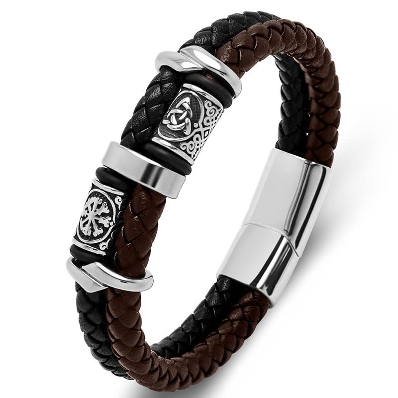 Pulsera trenzada masculina de cuero con cuentas de acero miniatura 1
