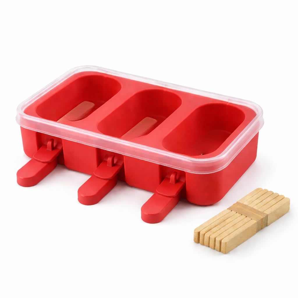 Forma de Silicone para Picolé 3 Cavidades com Tampa Molde Reutilizável nas Cores Rosa,