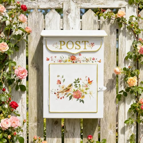 Image of Mailbox Wall Mount Mailboxes for Outside Vintage Mail Boxes for House Outside Metal Drop Box Antique Style Nostalgic Charm Home Decorative, Flower Pattern White