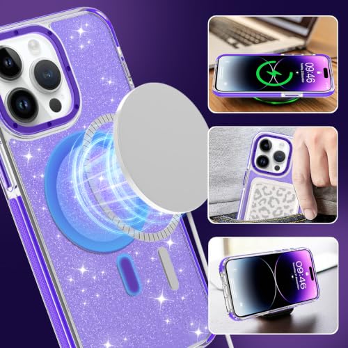 Image of Magnetic Case for iPhone 14 Pro Max [Compatible with Magsafe] [Bling Glitter Fluorescent Design] [1 Screen Protector] Slim Translucent Matte Case for iPhone 14 Pro Max 6.7 inch 2022, Purple