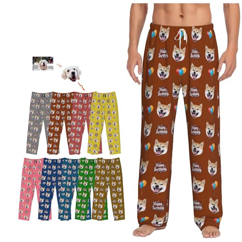 Custom Pajamas Pants Happy Birthday with Photo for Mens, Personalized Birthday Gifts Pj Bottoms Sleepwear Dog Pet Face for Women Wife