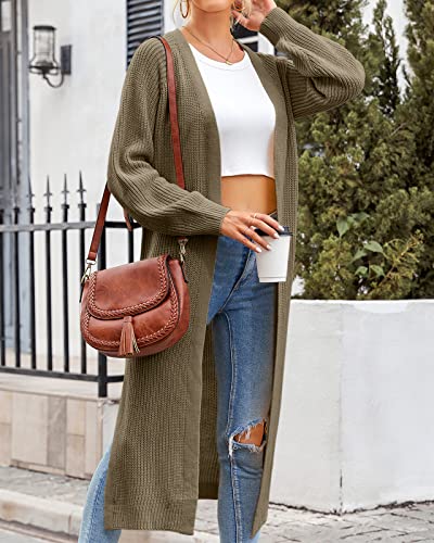 Image of Newffr Women's Open Front Maxi Long Knitted Cardigan Solid Casual Loose Cable Sweater Coat Outwear Olive Green X-Large