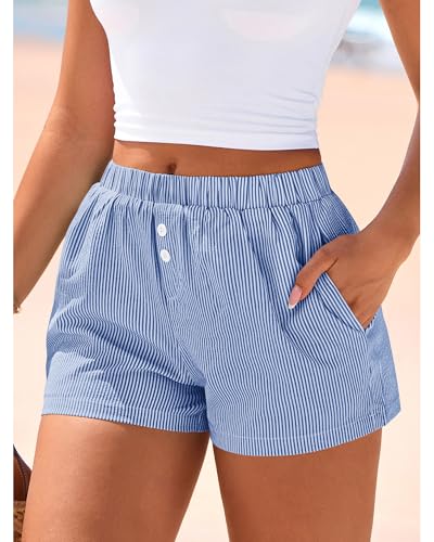 BTFBM Striped Boxer Shorts for Women 2025 Summer Elastic Waist Y2k Vacation Beach Bottoms Lounge Sleep Pj Pajama Shorts4