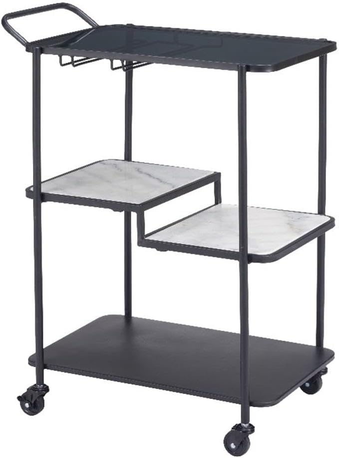 Pemberly Row Modern Metal Bar Cart, Black Finish, Tinted Tempered Glass and Natural Marble Shelves, 3-Tier Design with Caster Wheels, Integrated Wine Glass Hanger, Handle Bar for Home Entertainment