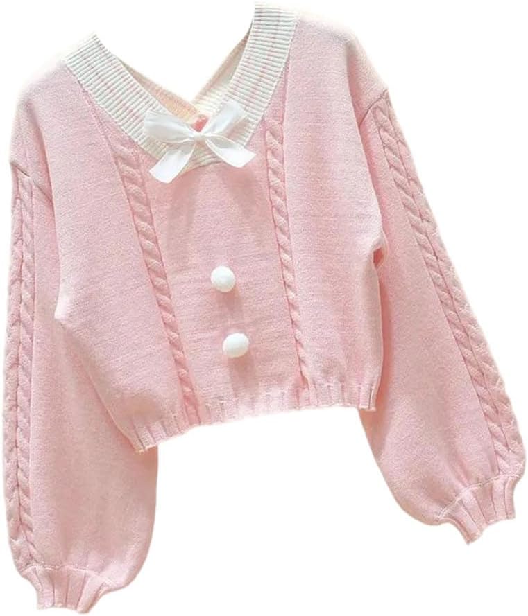 Women's V Neck Bow Knitted Sweater Color Blocking Crop Long Sleeve Knit Sweater