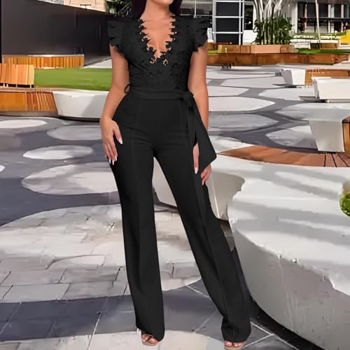 Image of PaladMom Womens Elegant Plus Size Jumpsuits Sexy Back zipper Short Sleeve Mid Waist Wide Leg Straight Rompers