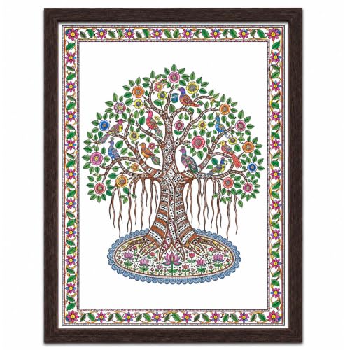 Image of PAPER PAJAMA Tree of Life Vastu Wall Art for Living Room | Madhubani Birds on Banyan Tree Painting | Traditional Mithila Folk Art Framed Decor for Home, Office & Bedroom (10x13 Inches)