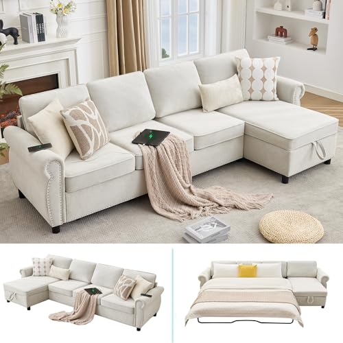 Image of ERYE L-Shaped Reversible Sectional Sofa with Pull Out Queen Memory Mattress Sleeper Bed, 2-in-1 L-Shaped Corner Sectional Couches W /Wireless Charging, Storage Chaise Lounge