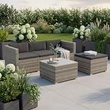 Juskys Gartenmöbel Set M – Punta Cana Polyrattan Lounge Möbel für 3–4 Personen mit Sofa, Sessel, Tisch & Kissen, wetterfeste Balkonmöbel für Garten & Terrasse – Grau-meliert
