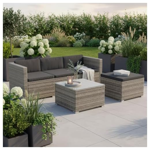 Juskys Polyrattan Lounge Punta Cana M für 3-4 Personen mit 3er Sofa, Sessel, Tisch & Kissen, Sitzgruppe für Garten, Terrasse und Balkon, Gartenmöbel Set wetterfest - grau-meliert