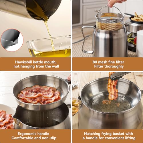 6 PCS 2L Oil Filter Pot Bacon Grease Saver with Strainer,68oz Large Capacity Fryer Pot with Basket,Cooking Thermometer & 50 Wax Papers,Stainless Steel Fryer for Kitchen Camping