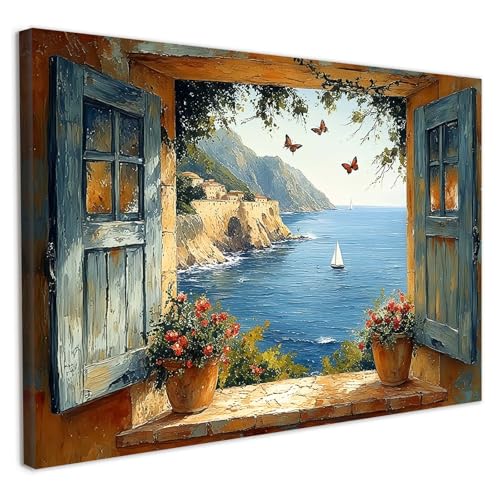 Framed Canvas Wall Art 12x16 Inch Mediterranean Coastal Window View Artwork Ocean Sailboat Wall Canvas Pictures for Living Room Bedroom Hallway Wall Decoration Prints with Hooks Magic Tape and Nails