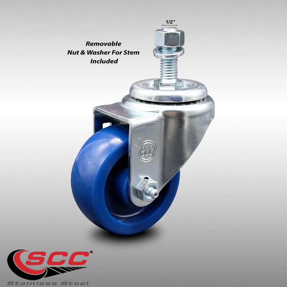 Stainless Steel Solid Polyurethane Swivel Threaded Stem Caster w/3" x 1.25" Blue Wheel and 1/2" Stem - 300 lbs Capacity/Caster - Service Caster Brand