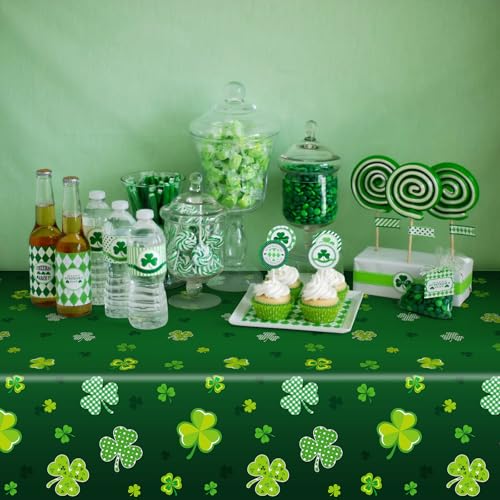 Image of 3 Pack 54 x 108 Inch St. Patrick's Day Plastic Tablecloth - Green with Assorted Shamrock Designs, Disposable Irish-Themed Clover Rectangle Table Cloth for Indoor Outdoor Table Cover Decorations