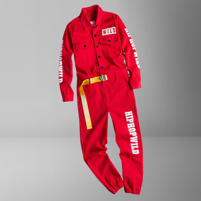 Mono de trabajo impreso rojo para hombres con bolsillos 4
