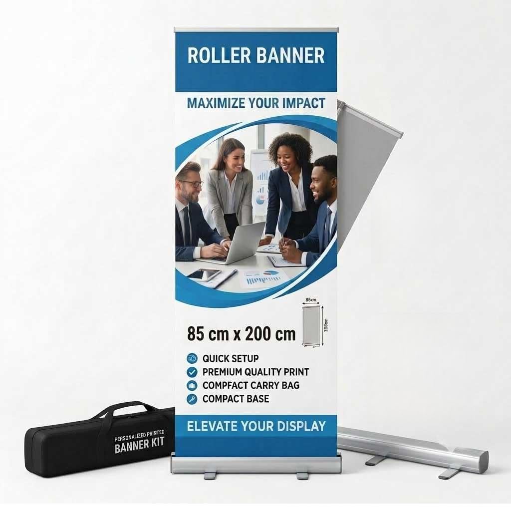 PP Personalised Printed Roller Banner 85x200cm - Premium Grey Back PVC Pull Up Display Stand - Custom Pop Up Banner Kit with Base and Carry Case - Ideal for Exhibitions, Tradeshows, and Shops