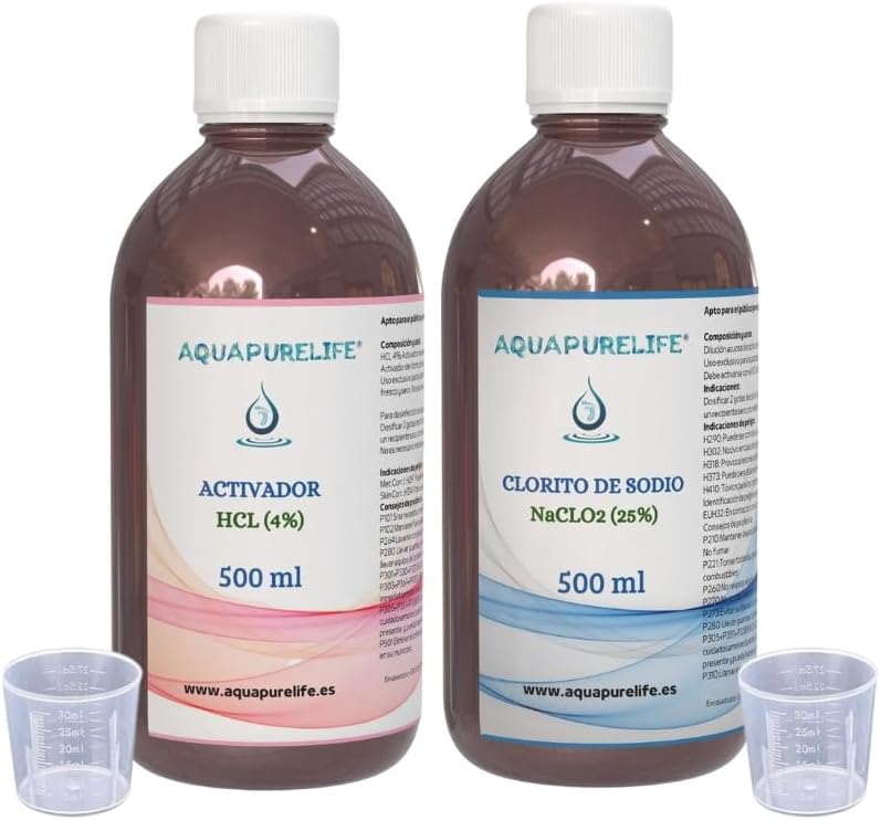 AQUAPURELIFE Chlorine Dioxide Production Kit CDS|Composed of a Bottle of HCL 4% Activator and a Bottle of Sodium Chlorite 25% |Not Suitable for Human Consumption (500ml)