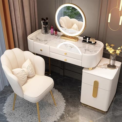 MiaJJooLi Tocador con sillas y espejo LED,Tocador con 5 cajones,Dormitorio Maquillaje Escritorio Cajonera, Almacenamiento para Niñas
