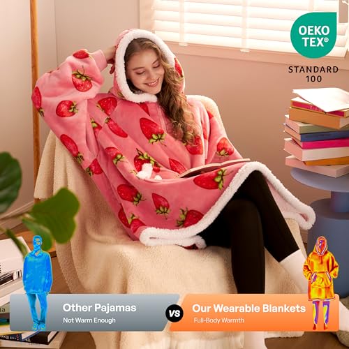 Giggling Getup Oversized Sherpa Wearable Blanket Hoodie (Adult, Strawberry Print) — view 7