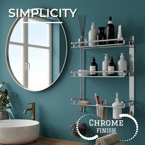 Image of GLOXY Premium Chrome Finish Bathroom Stainless Steel Organizer with Soap Holder, Liquid Soap Dispenser and Toothbrush Holder - 6 in 1 Bathroom Rack Shelf for Home, Office, Hotels & Restaurants