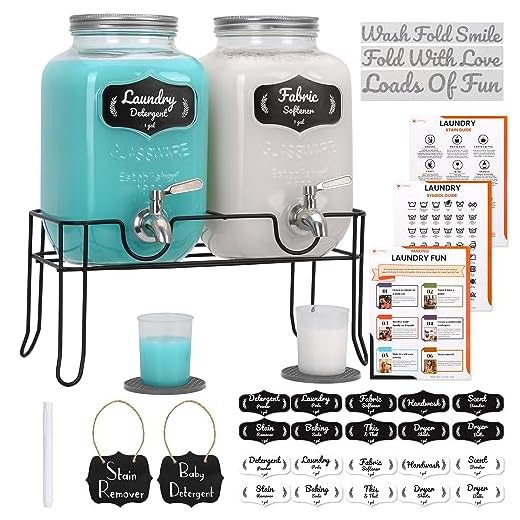 AMEY 1 Gallon Decorative Fabric Softener & Laundry Soap Dispenser - Mason Jar with Spout, Screw Lid, Stand with Rubber Drip Mats - 2-Pack