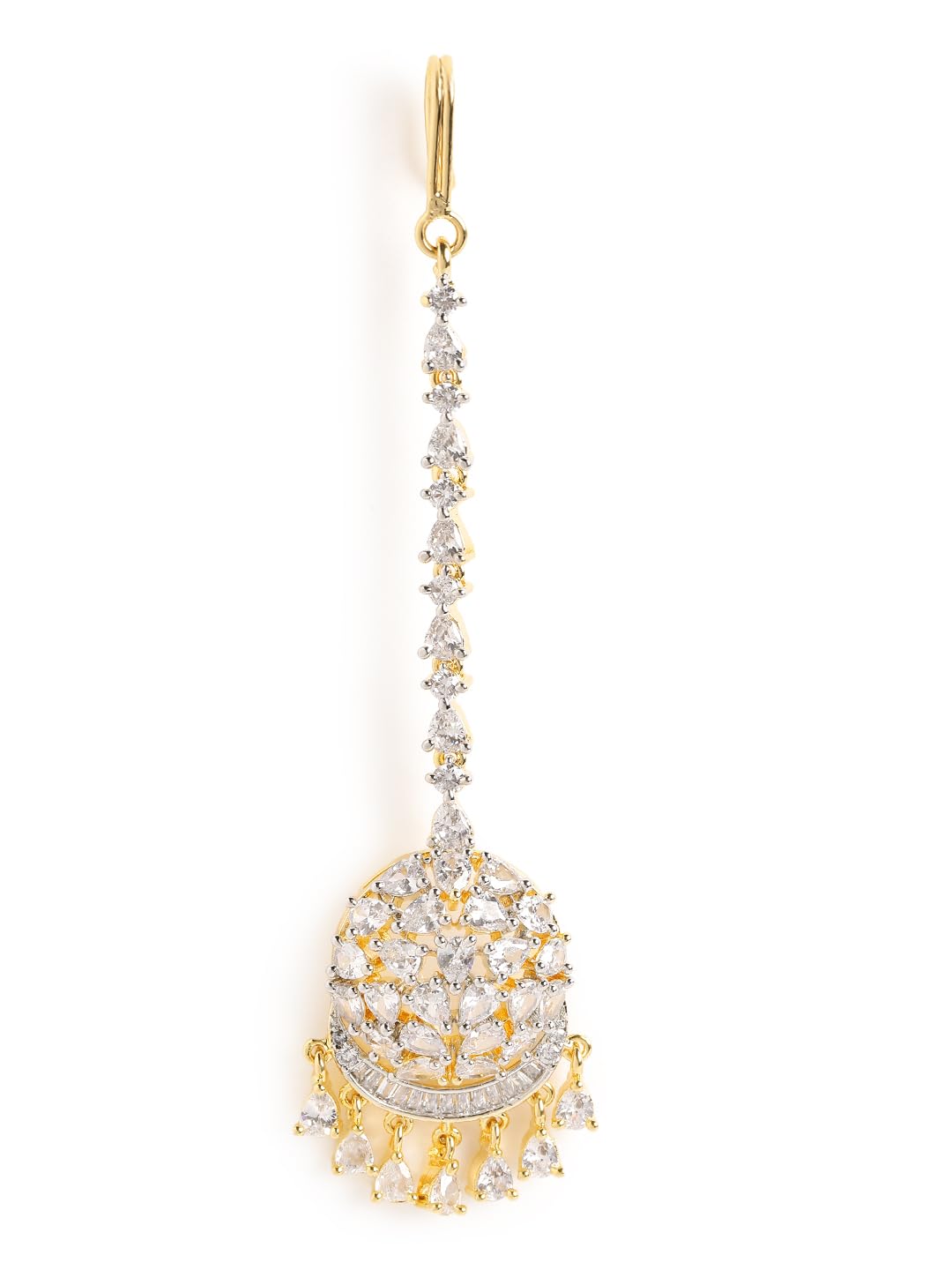 nuyug Gold Plated American Diamond Cluster Drop Maang Tikka for Women | Bridal CZ Forehead Jewellery | Wedding Maang Tikka Gold Tone | Traditional Indian Headpiece for Girls & Women.-picture-43