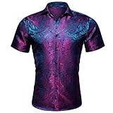 Barry.Wang Hot Pink Men's Silk Shirts Short Sleeve Hawaiian Designer Button Down Paisley Shirt Casual Beach Summer Party