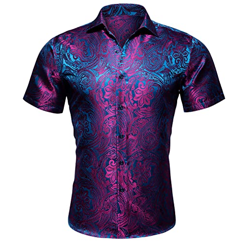 Barry.Wang Hot Pink Men's Silk Shirts Short Sleeve Hawaiian Designer Button Down Paisley Shirt Casual Beach Summer Party