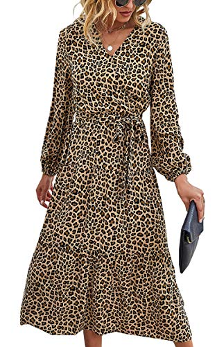 Theenkoln vestido midi feminino com estampa floral boêmio estampa de leopardo bolinhas liso gola V m