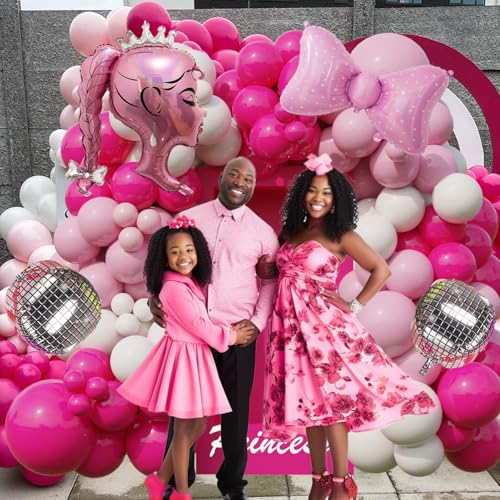 Image of Hot Pink Princess Balloon Arch Kit with Rose Red, Light Pink, Matte White Balloons, Silver Disco Ball, Bows and Crown for Girl Summer Birthday, Coquette Party, Ballerina,Graduation, Baby Shower Decor