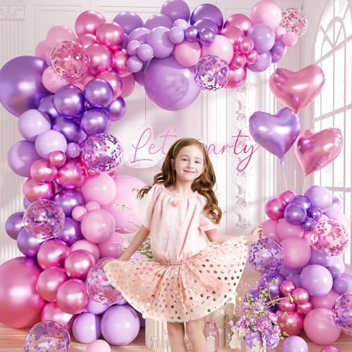 Image of Pink Purple Balloon Garland Arch Kit,160Pcs Metallic Purple Magenta Balloons Pink and Purple Confetti Balloons with Heart Foil Balloon for Girl Birthday Bridal Baby Shower Party Decoration
